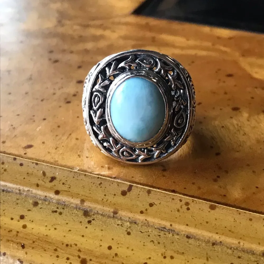 Natural Larimar Sterling Silver Ring Size 6